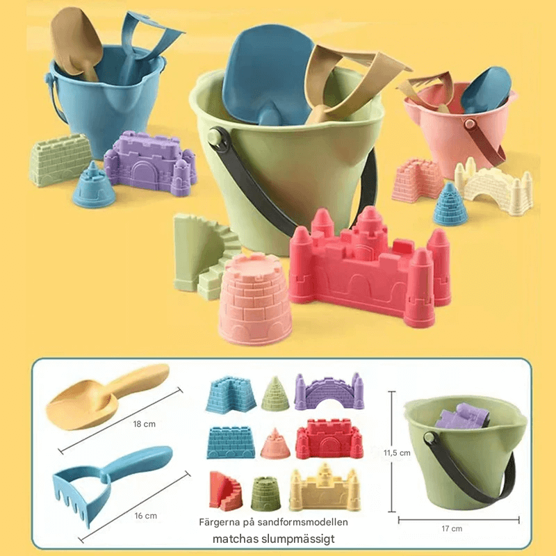 Interaktiiviset rantaleikkikalut lapsille – ämpäri viidellä lisävarusteella, kestävä ja opettavainen