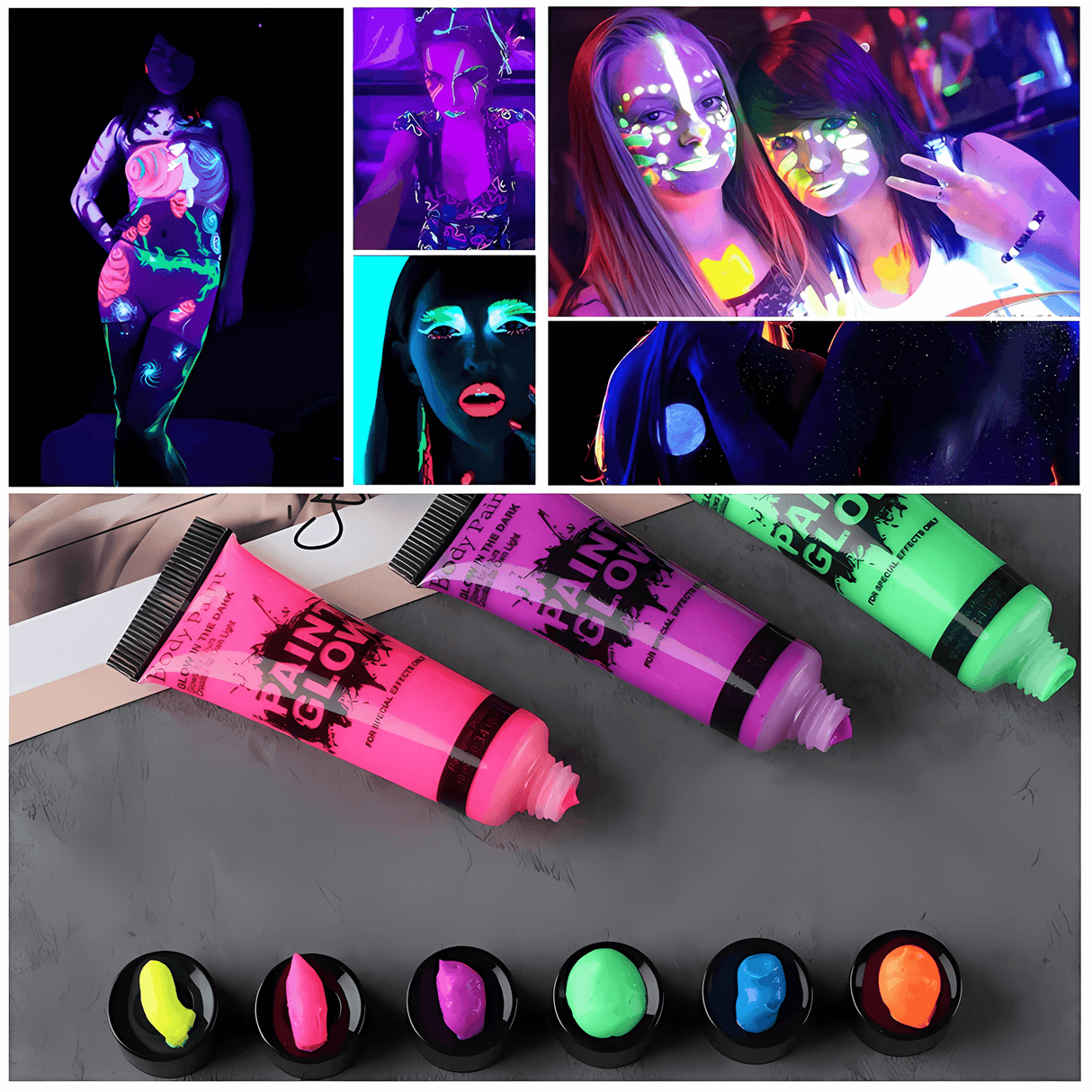 NeonAura – Halloween Neon Fluoresoiva UV-vartalomaalisetti kasvoille ja vartalolle, Glow in the Dark, juhla- ja festivaaliväri