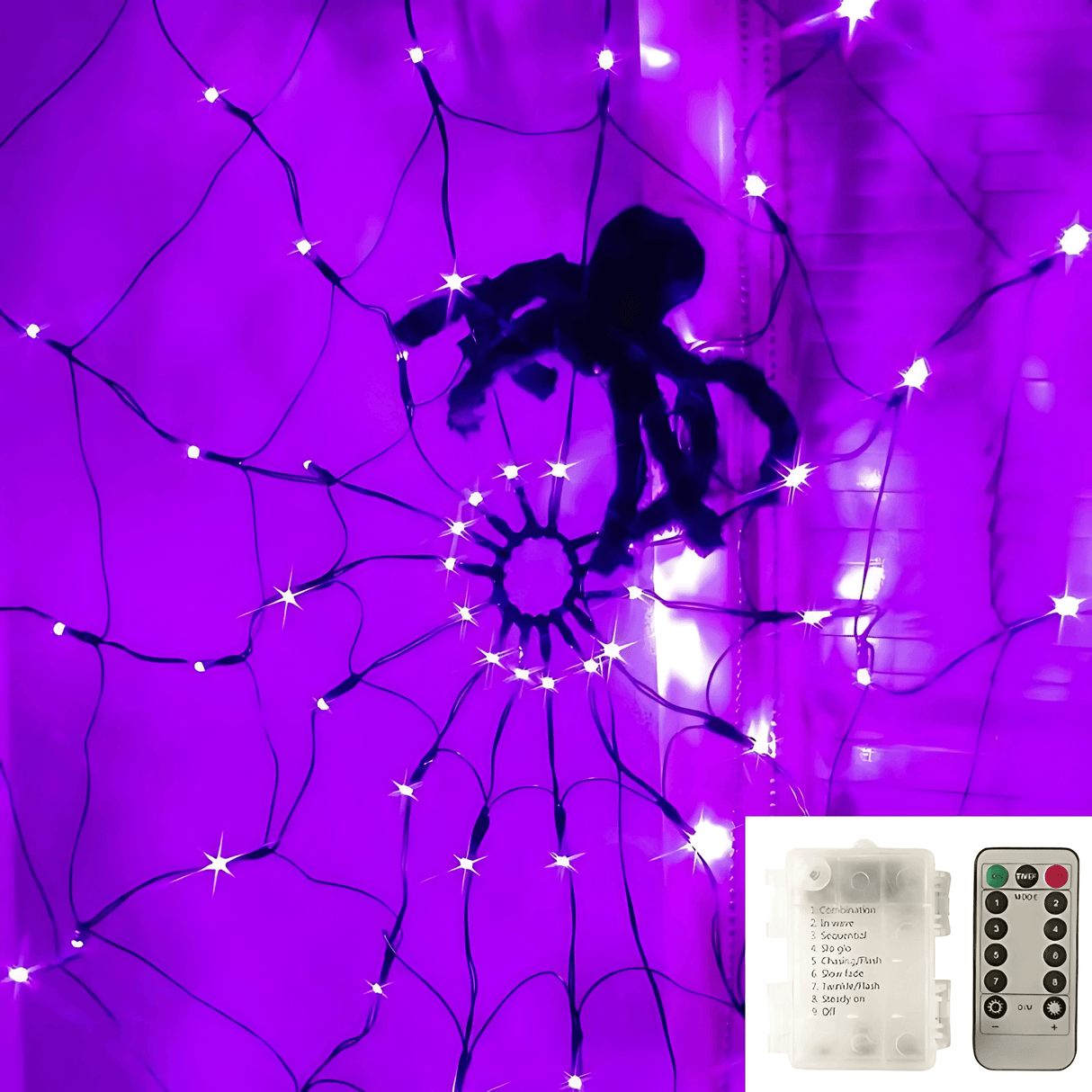 SpiderGlow – Halloween-hämähäkinverkko LED-valosarja kaukosäätimellä, hämähäkkikoristeet ja 8 valotilaa