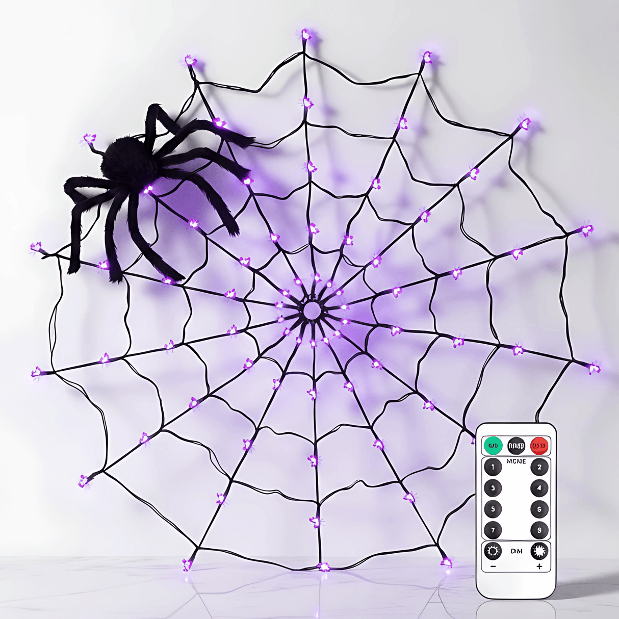 SpiderGlow – Halloween-hämähäkinverkko LED-valosarja kaukosäätimellä, hämähäkkikoristeet ja 8 valotilaa
