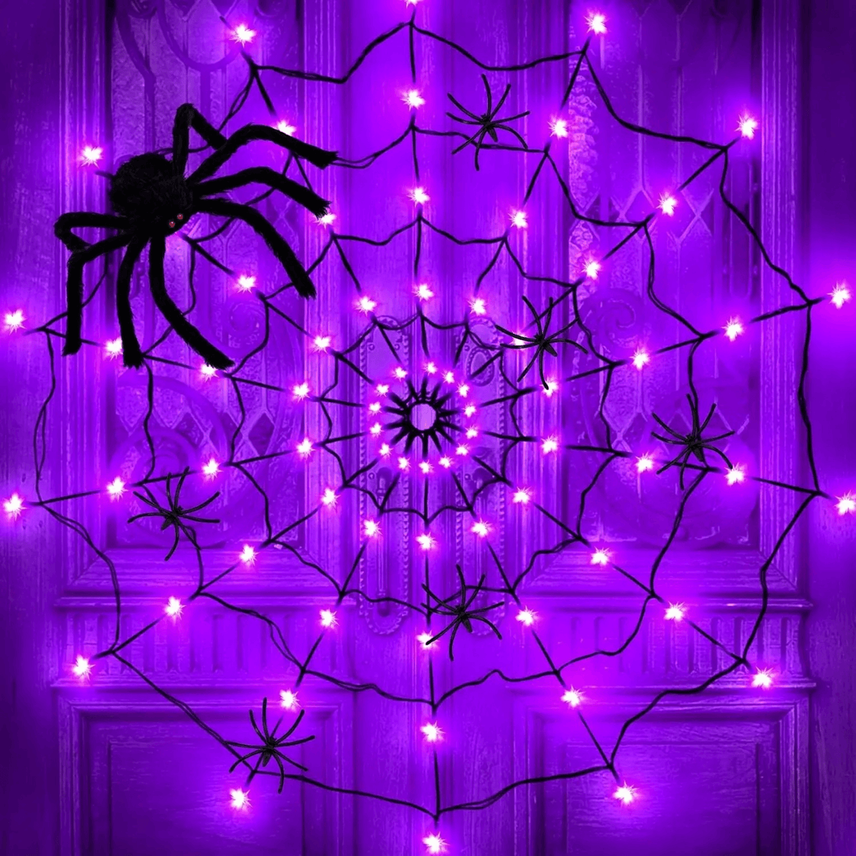 SpiderGlow – Halloween-hämähäkinverkko LED-valosarja kaukosäätimellä, hämähäkkikoristeet ja 8 valotilaa