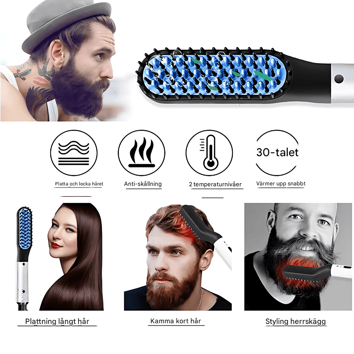 GroomFlex – Sähköinen kampa ja hiustenmuotoilija, jossa ionisointi ja säädettävä lämpötila partalle ja hiuksille