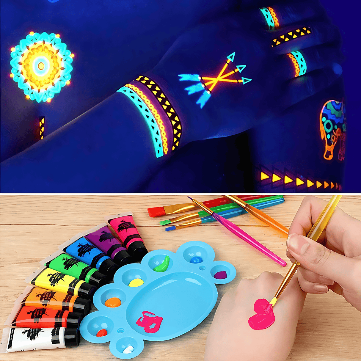 NeonAura – Halloween Neon Fluoresoiva UV-vartalomaalisetti kasvoille ja vartalolle, Glow in the Dark, juhla- ja festivaaliväri