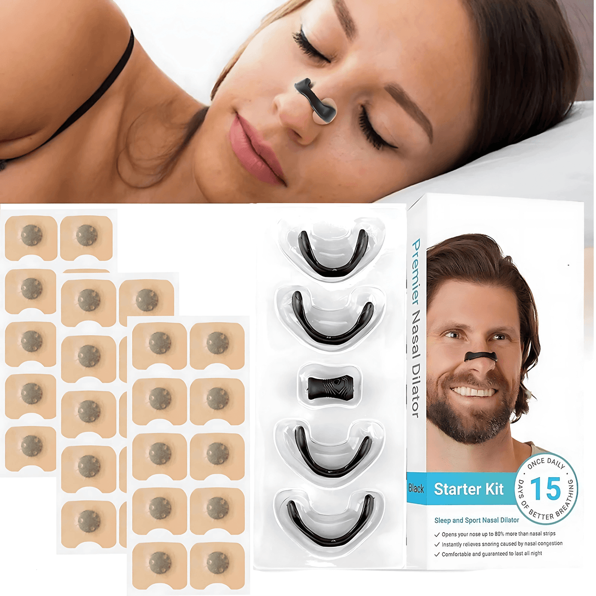 AirNite – Anti-Snarkningskit mustana tai valkoisena, nenäklipsi ja hengitystablettit parempaan nenän hengitykseen
