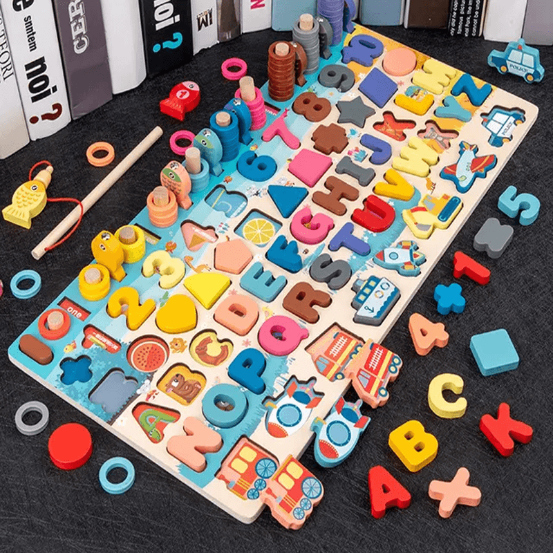 Montessori puiset palapelit pikkulapsille | 5-in-1 puinen opetuslelu, jossa on kalastuspeli, lajittelu ja laskeminen - opettavainen oppimispeli lapsille 2-5 vuotta.