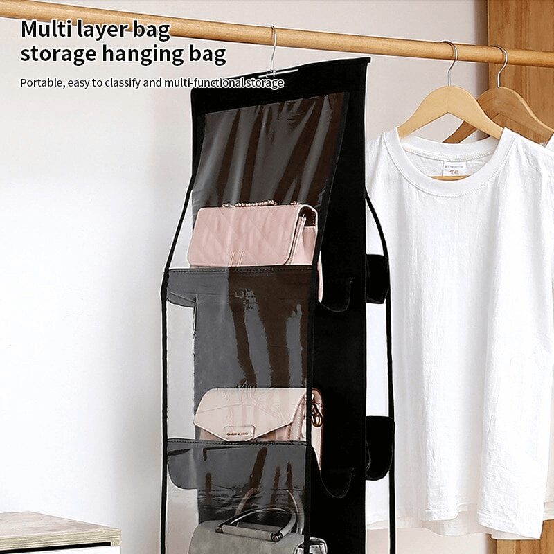 Musta ripustettava vaatekaapin järjestäjä, jossa on 6 taskua | Kaksipuolinen säilytysratkaisu laukuille, kengille ja vaatteille.