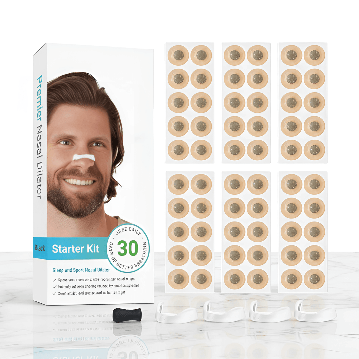 AirNite – Anti-Snarkningskit mustana tai valkoisena, nenäklipsi ja hengitystablettit parempaan nenän hengitykseen