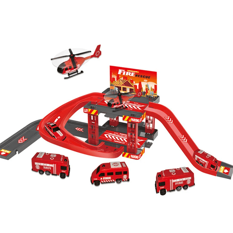 Auton pysäköintitalo lelusetti – vapaa kokoonpano useilla leluautoilla ja eri tyyleillä