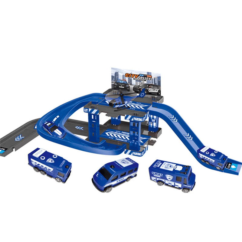 Auton pysäköintitalo lelusetti – vapaa kokoonpano useilla leluautoilla ja eri tyyleillä