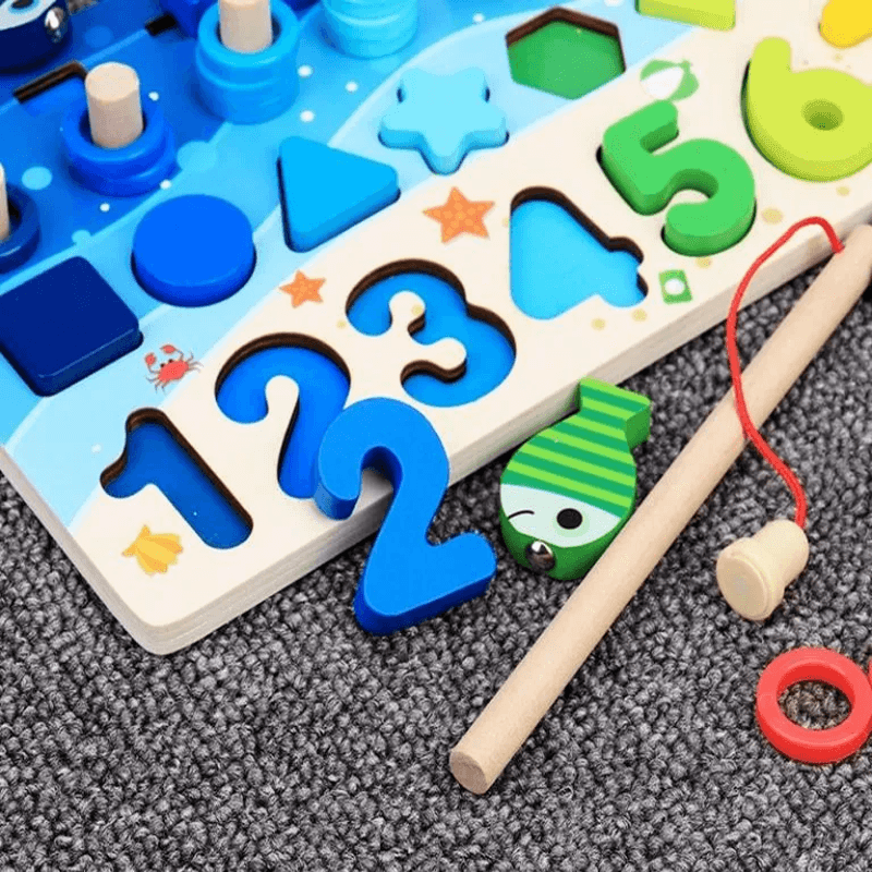 Montessori puiset palapelit pikkulapsille | 5-in-1 puinen opetuslelu, jossa on kalastuspeli, lajittelu ja laskeminen - opettavainen oppimispeli lapsille 2-5 vuotta.