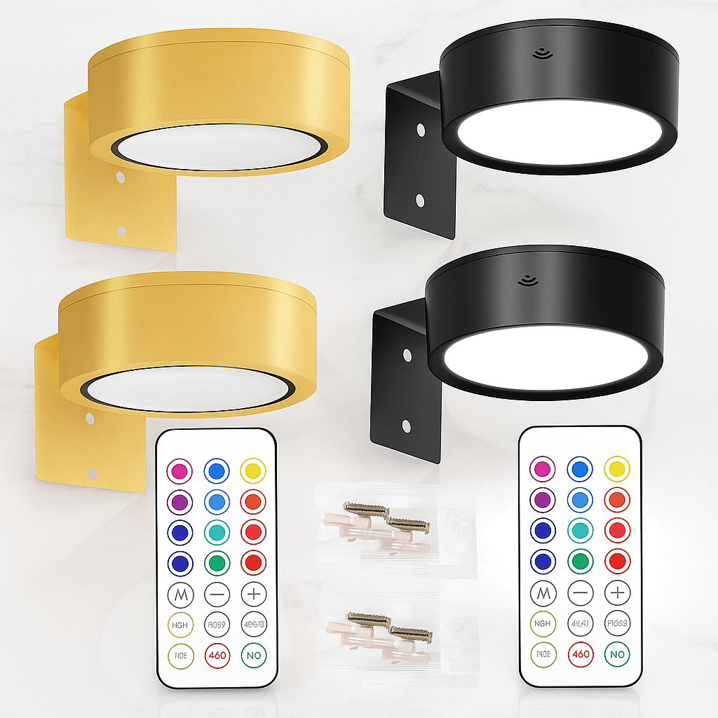 LINA – 2-pack LED-seinävalaisimet mustana ja kultaisena, 13 värivaihtoehtoa, magneettikiinnitys ja kaukosäädin