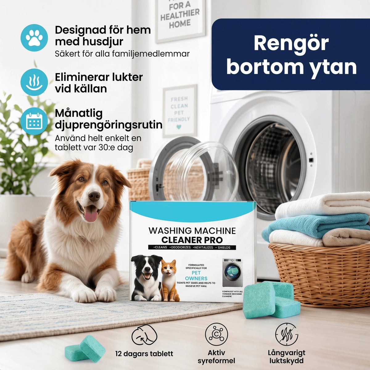 FreshCore – Puhdistustabletit Pesukoneelle Eläinten Karvoja ja Hajuja Vastaan – Syväpuhdistus