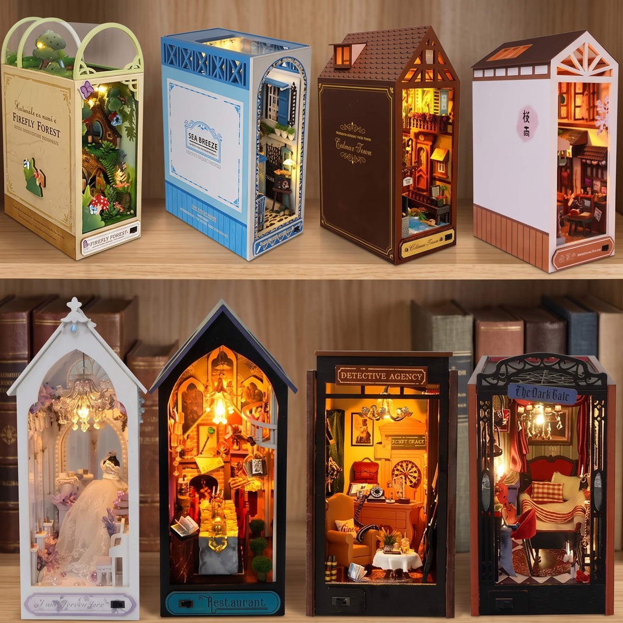 NookCraft – DIY Book Nook Byggsats i Trä – Miniatyr Bokhylla Insats med Dockskåp och LED-belysning