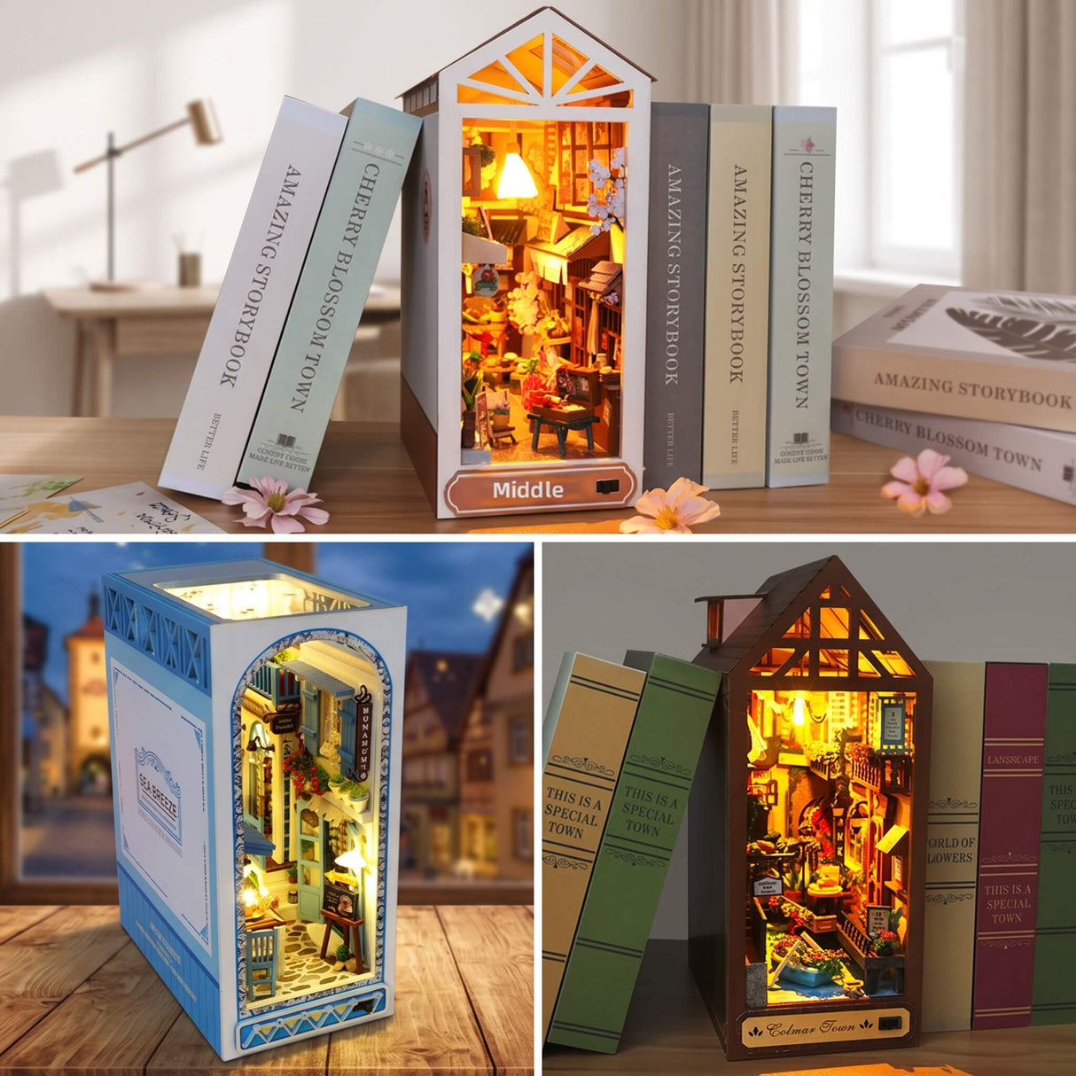 NookCraft – DIY Book Nook Byggsats i Trä – Miniatyr Bokhylla Insats med Dockskåp och LED-belysning