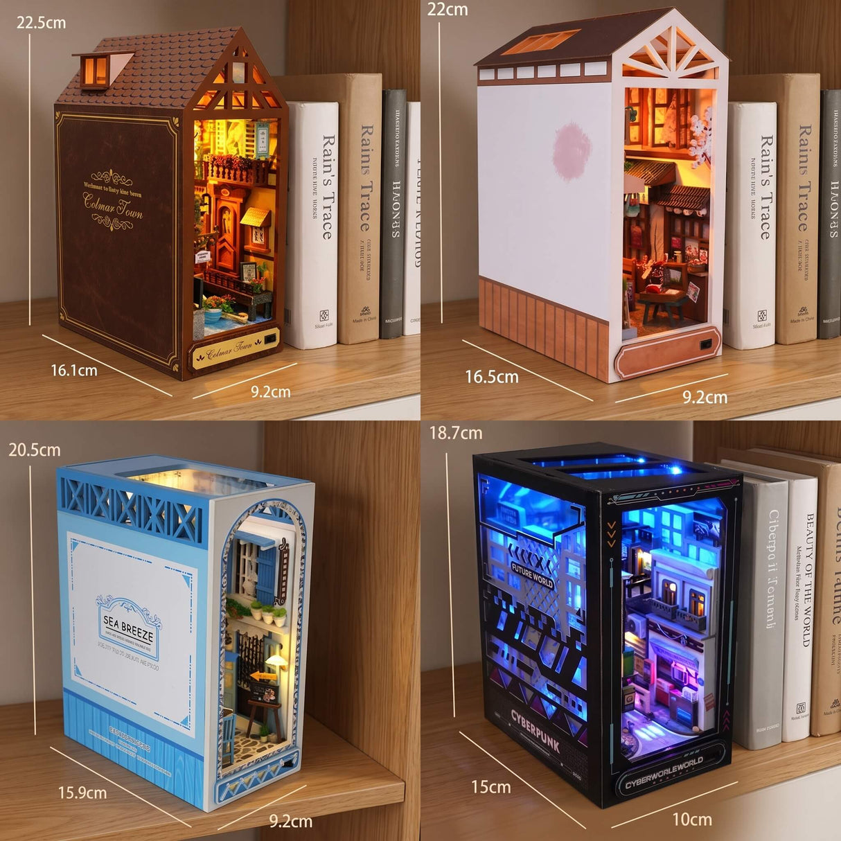 NookCraft – DIY Book Nook Byggsats i Trä – Miniatyr Bokhylla Insats med Dockskåp och LED-belysning