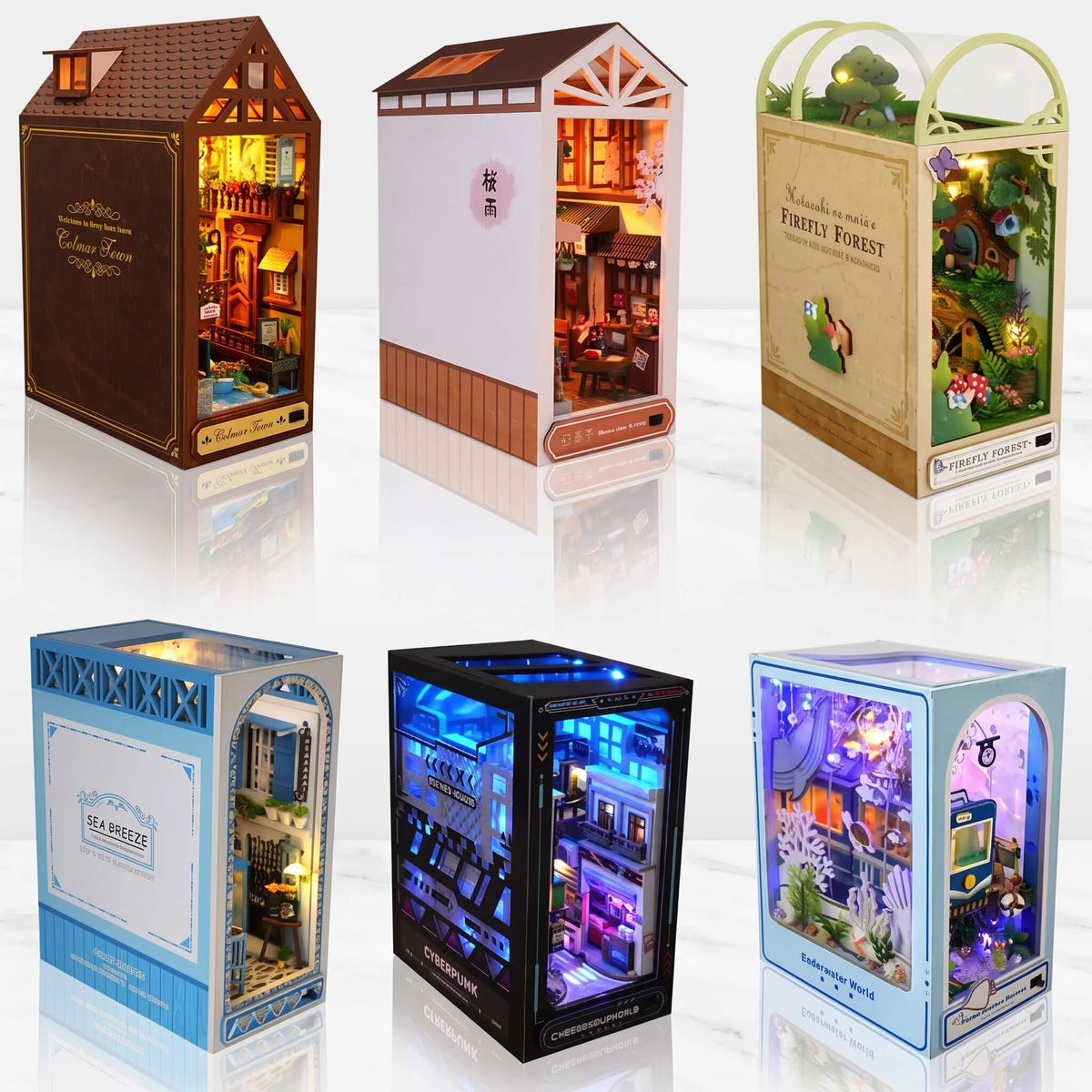 NookCraft – DIY Book Nook Byggsats i Trä – Miniatyr Bokhylla Insats med Dockskåp och LED-belysning