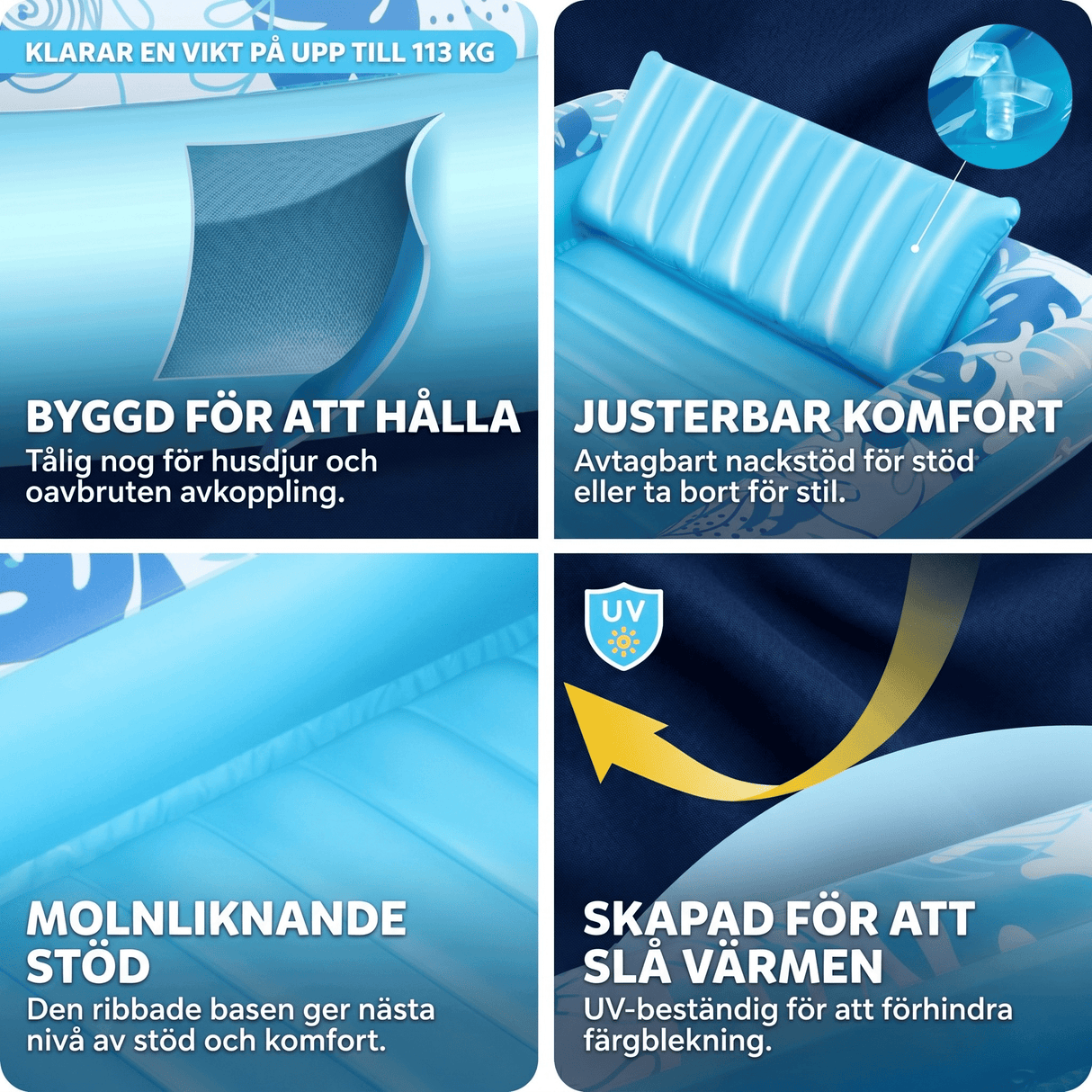 SolRaft – Ilmatäytteinen vesisänky ja aurinkotuolit aikuisille, irrotettavalla niskatuella ja 2 juomapidikkeellä – Kannettava uima-allas ja kelluvat aurinkotuolit – 177 × 117 cm