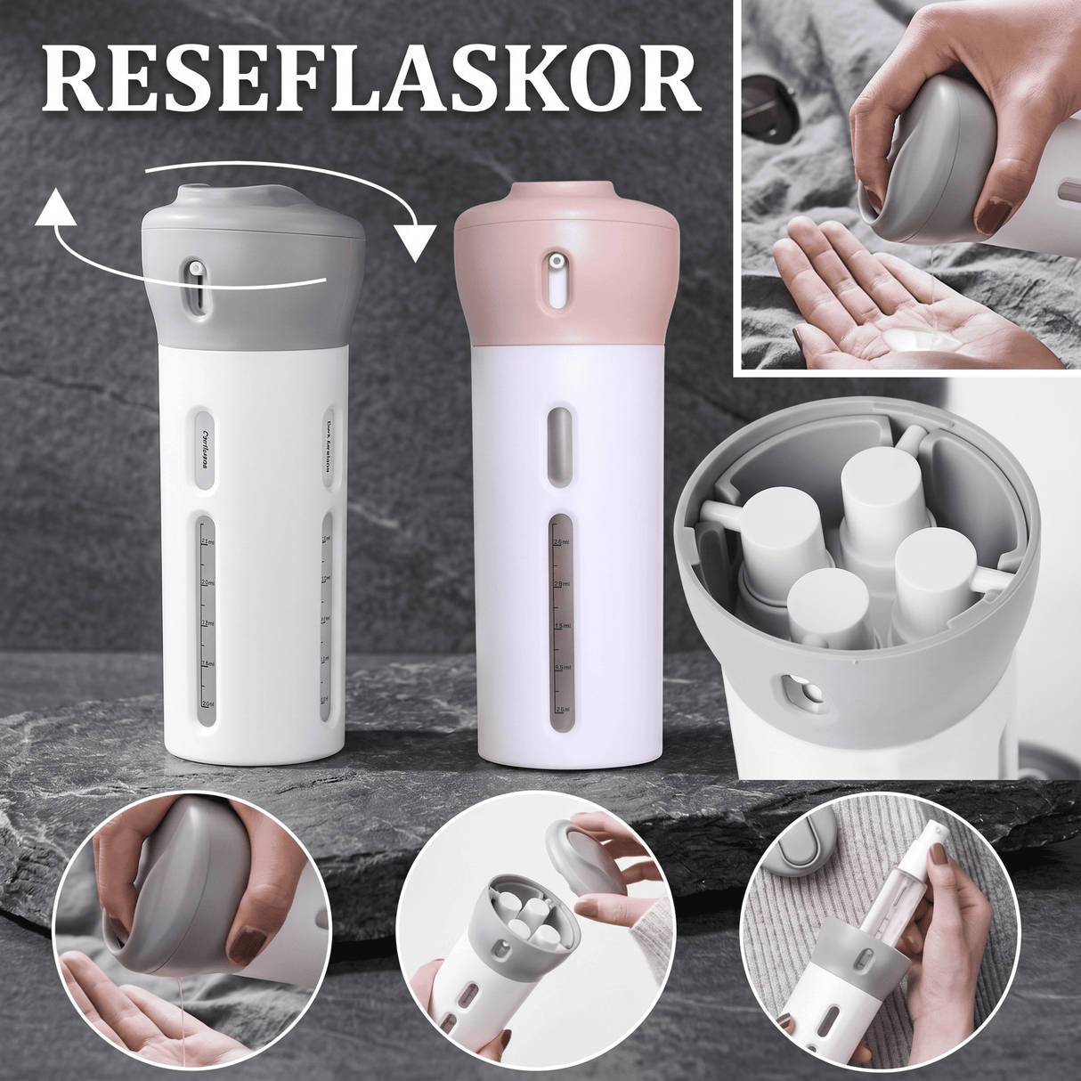 SpinFill – 4-in-1-kiertävä matkailudispenseri, jossa on vuotamattomat 40 ml:n täyttöpullot – Kompakti matkapullo