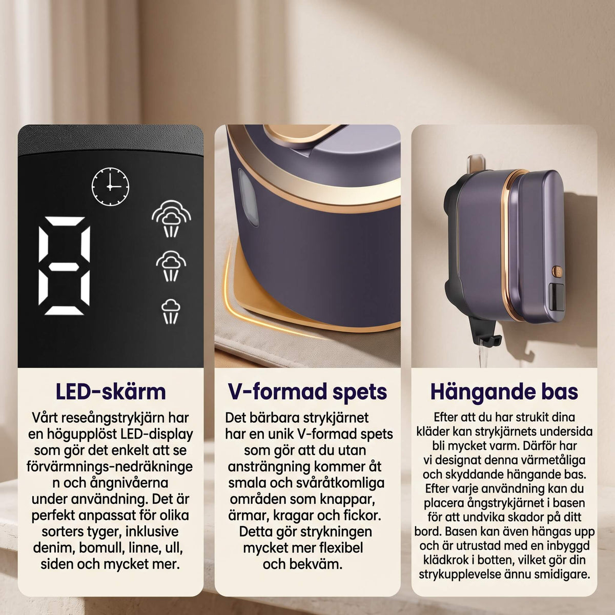SteamFold – Handhållet Ångstrykjärn 1200W med Vikbart Handtag – Portabelt Resestrykjärn med Våt och Torr Strykning, LED-display och Väggfäste