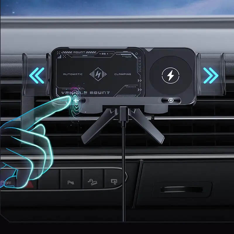 ChargeMount - Säädettävä älypuhelimen pidike autoon, jossa on 15W langaton latausalusta kokoontaitettaville näytöille.
