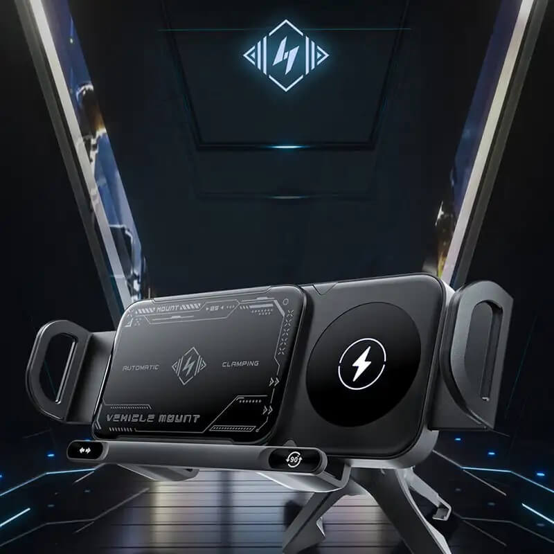 ChargeMount - Säädettävä älypuhelimen pidike autoon, jossa on 15W langaton latausalusta kokoontaitettaville näytöille.