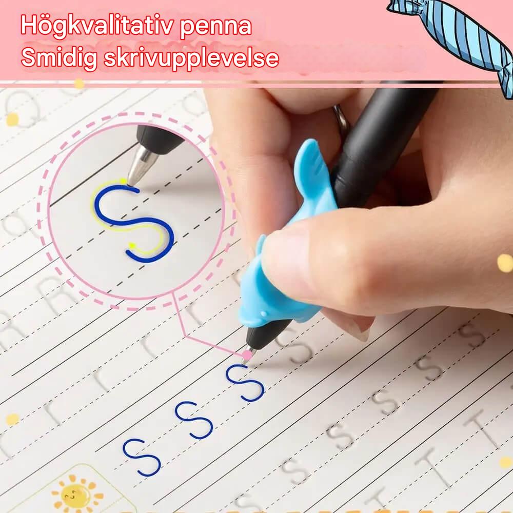 4-pack harjoituskirjat lapsille - käsialaharjoittelua 3D-kalligrafialla, uudelleenkäytettäviä tarroja ja matematiikan harjoittelua.