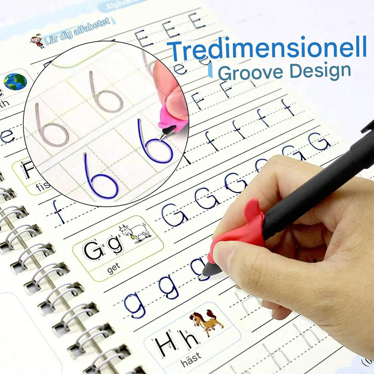 4-pack harjoituskirjat lapsille - käsialaharjoittelua 3D-kalligrafialla, uudelleenkäytettäviä tarroja ja matematiikan harjoittelua.