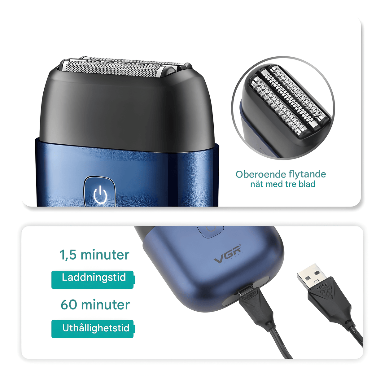 TrimAxis – Elektrisk Rakapparat för Män med Trippelblad, IPX7 Vattentålig Design & USB Type-C Snabbladdning