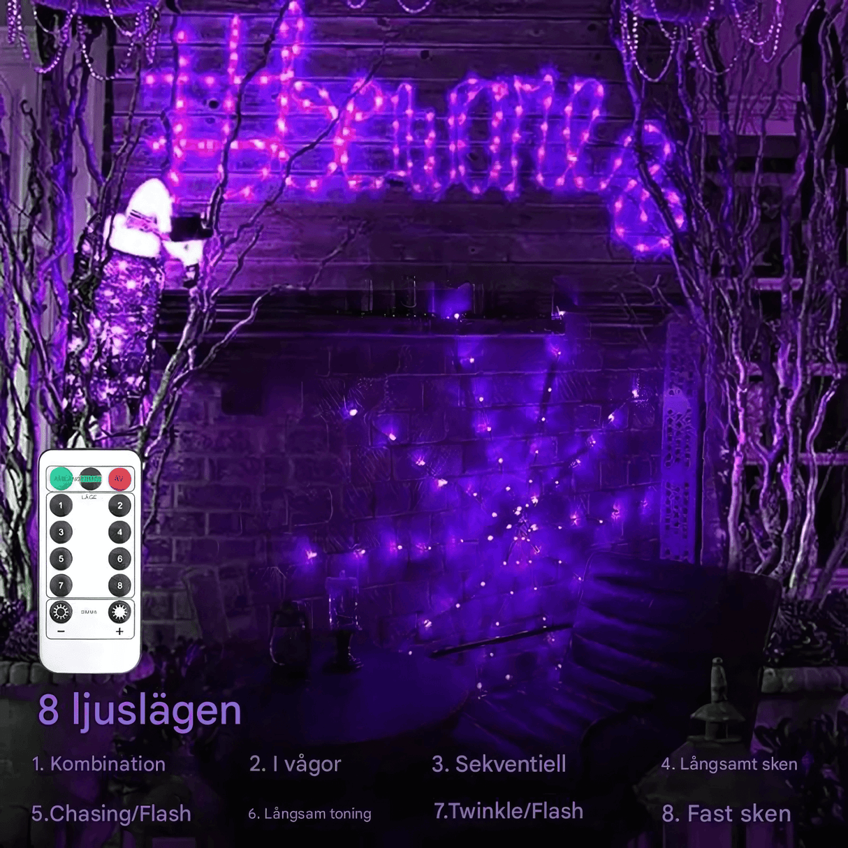 SpiderGlow – Halloween-hämähäkinverkko LED-valosarja kaukosäätimellä, hämähäkkikoristeet ja 8 valotilaa