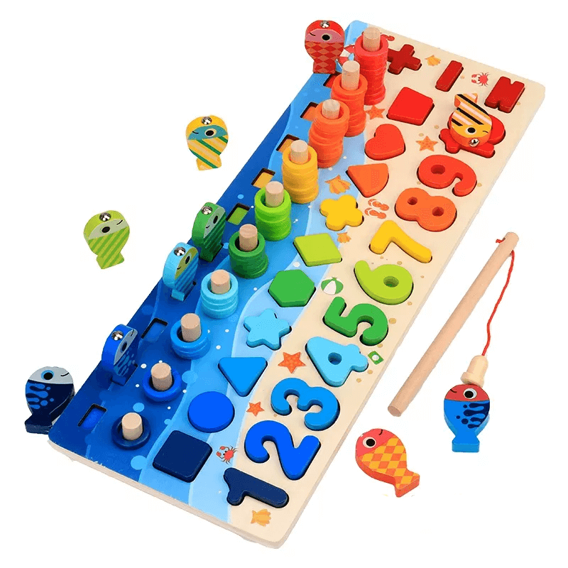 Montessori puiset palapelit pikkulapsille | 5-in-1 puinen opetuslelu, jossa on kalastuspeli, lajittelu ja laskeminen - opettavainen oppimispeli lapsille 2-5 vuotta.