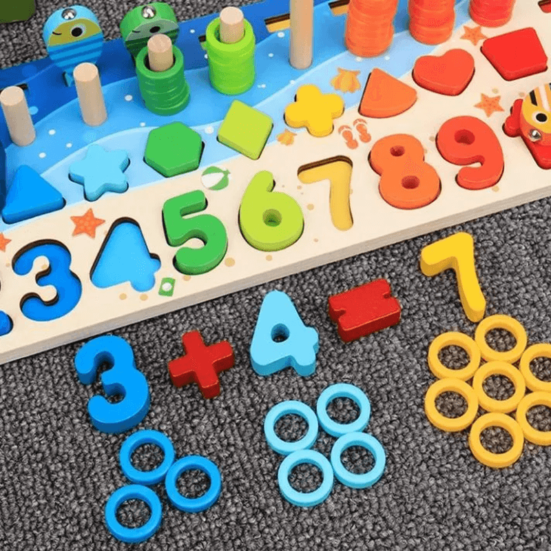 Montessori puiset palapelit pikkulapsille | 5-in-1 puinen opetuslelu, jossa on kalastuspeli, lajittelu ja laskeminen - opettavainen oppimispeli lapsille 2-5 vuotta.