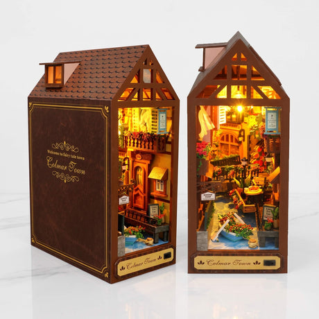 NookCraft – DIY Book Nook -Rakennussarja Puusta – Miniatyyri Kirjahyllyn Lisäosa Nukkekodilla ja LED-Valaistuksella