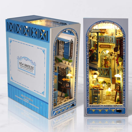 NookCraft – DIY Book Nook -Rakennussarja Puusta – Miniatyyri Kirjahyllyn Lisäosa Nukkekodilla ja LED-Valaistuksella