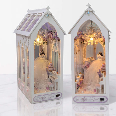 NookCraft – DIY Book Nook -Rakennussarja Puusta – Miniatyyri Kirjahyllyn Lisäosa Nukkekodilla ja LED-Valaistuksella