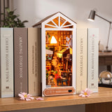 NookCraft – DIY Book Nook Byggsats i Trä – Miniatyr Bokhylla Insats med Dockskåp och LED-belysning