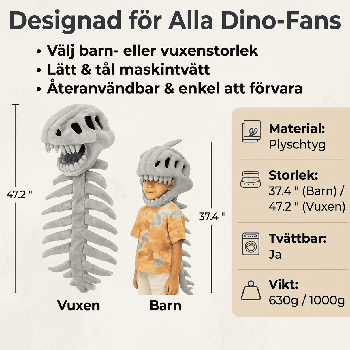 RexBone – Pehmeä pehmoleluinen dinosaurusluurankohattu lapsille ja aikuisille – Hauska ja konepestävä cosplay-asuste halloweenia, syntymäpäiviä ja teemajuhlia varten