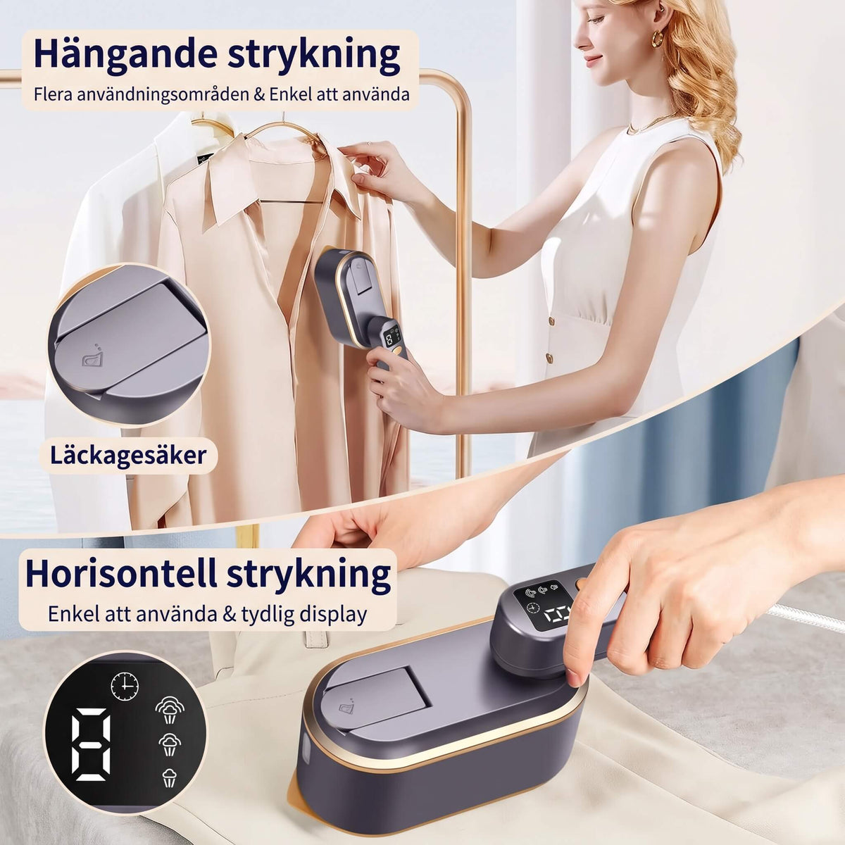SteamFold – Handhållet Ångstrykjärn 1200W med Vikbart Handtag – Portabelt Resestrykjärn med Våt och Torr Strykning, LED-display och Väggfäste