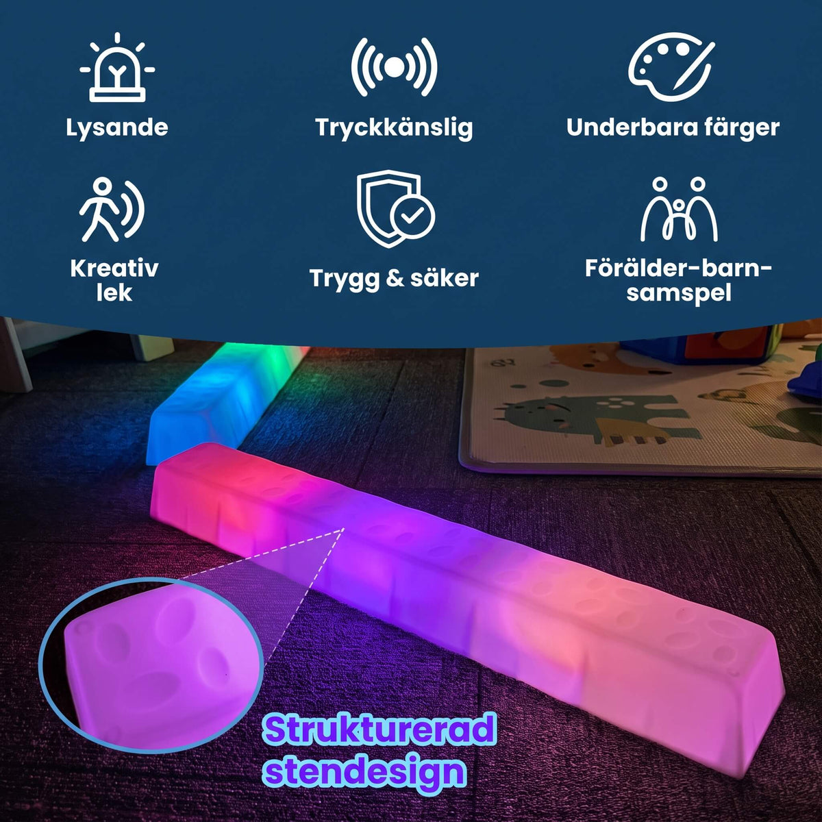 StepBridge – Lysande Balansbro för Barn 70 cm – Sensorisk Stepping Bridge med Halkfri Botten och Färgskiftande LED