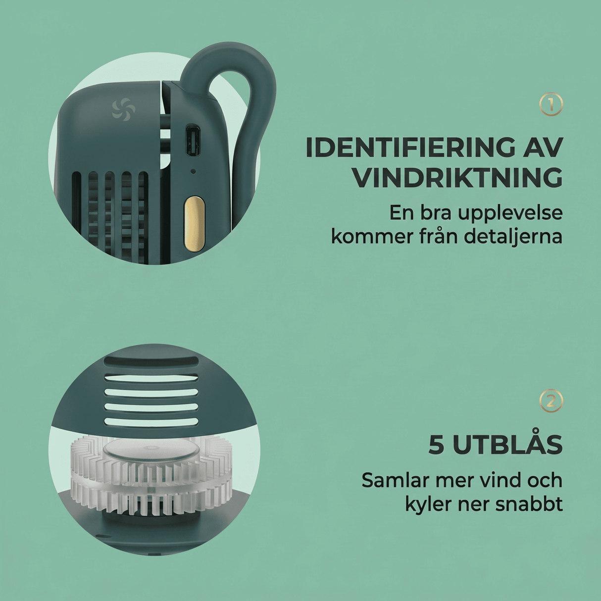 VortBreeze – Kannettava minituuletin kiinnikkeellä – 360° ilmavirta, 3 nopeutta ja USB-lataus