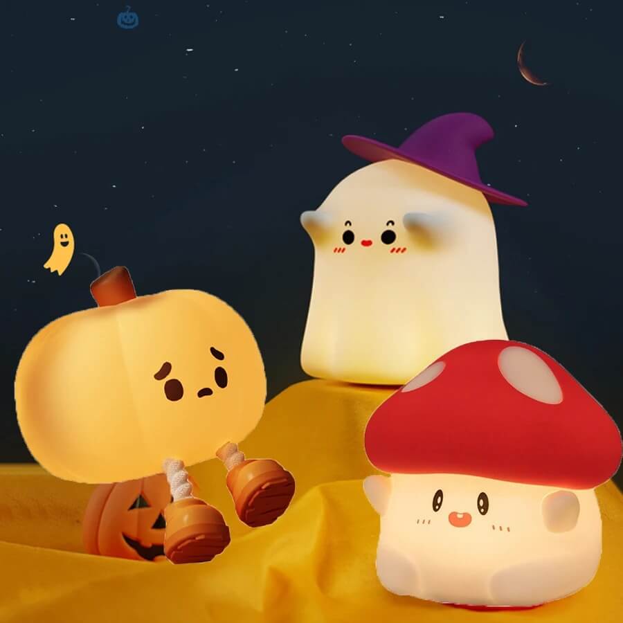 GlowShroom - Silikoni LED-yövalo | Pehmeä kurpitsa-, sieni- tai kummitusmuotoilu lastenhuoneisiin ja makuuhuoneisiin.
