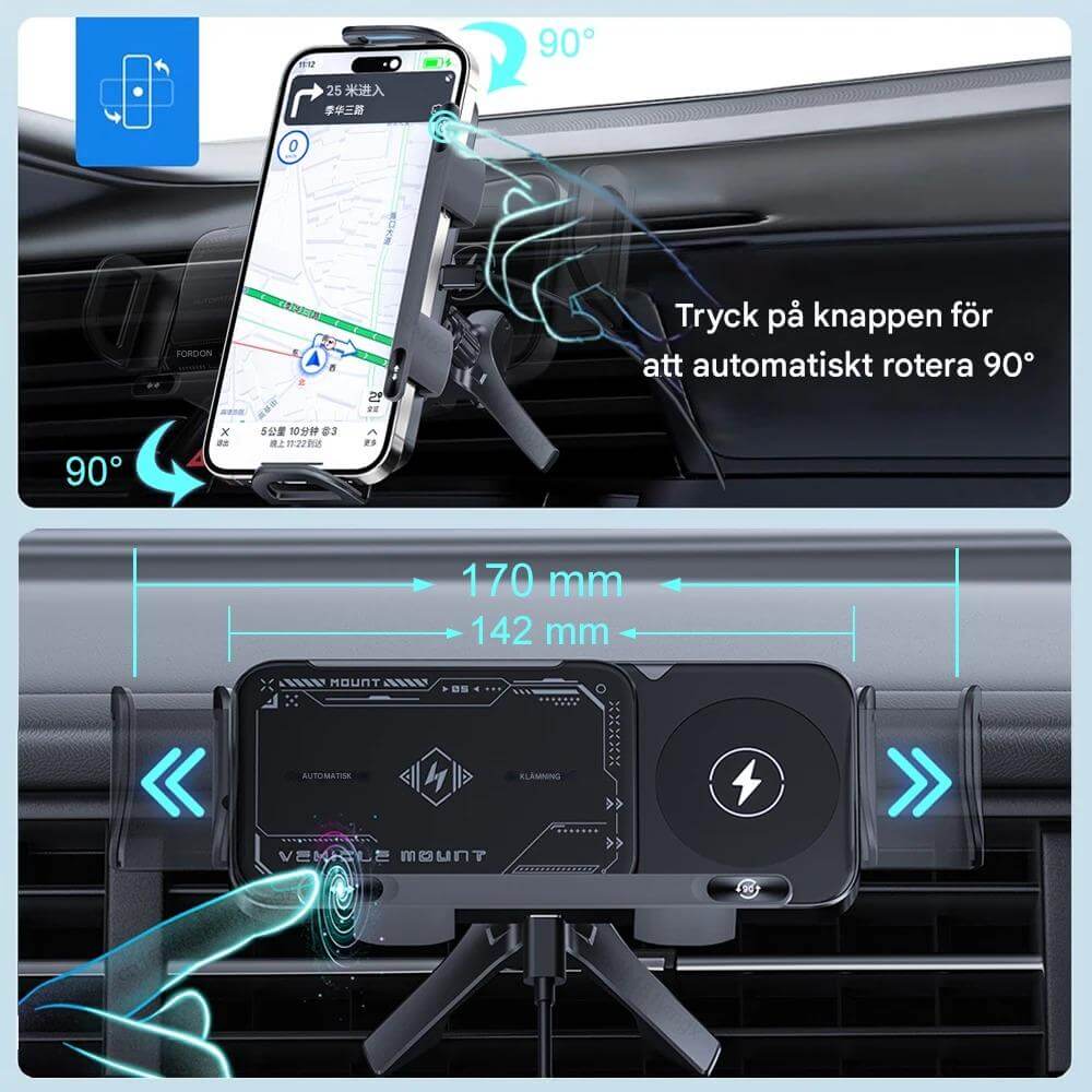 ChargeMount - Säädettävä älypuhelimen pidike autoon, jossa on 15W langaton latausalusta kokoontaitettaville näytöille.