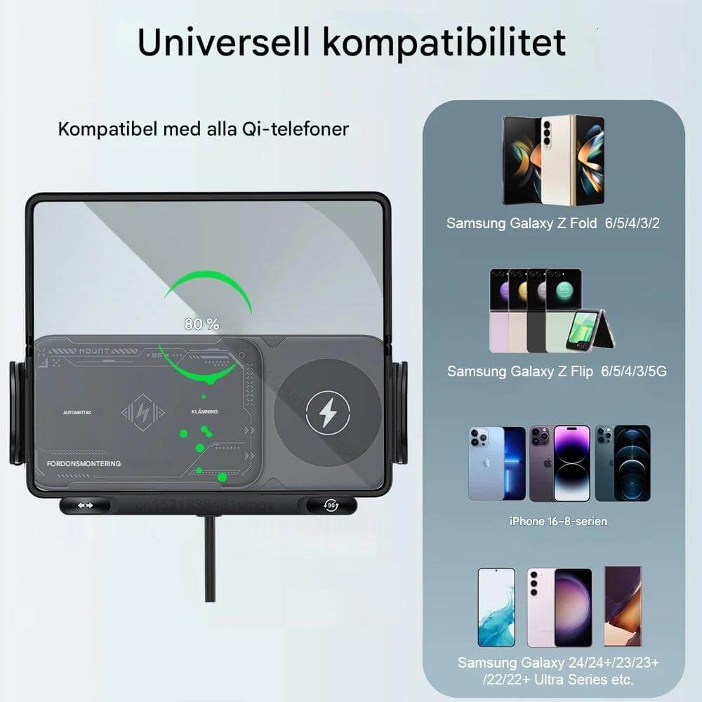 ChargeMount - Säädettävä älypuhelimen pidike autoon, jossa on 15W langaton latausalusta kokoontaitettaville näytöille.