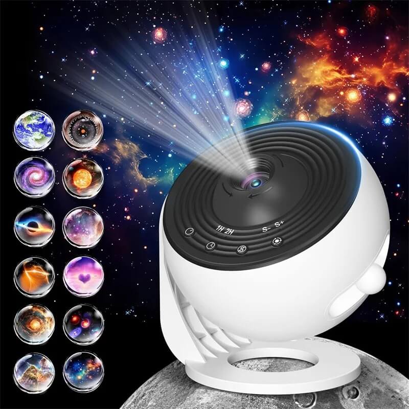 CosmaView - Tähtitaivaan projektorilamppu lastenhuoneeseen ja makuuhuoneeseen | Galaxy-projektori, jossa on 360° pyöritysmahdollisuus.