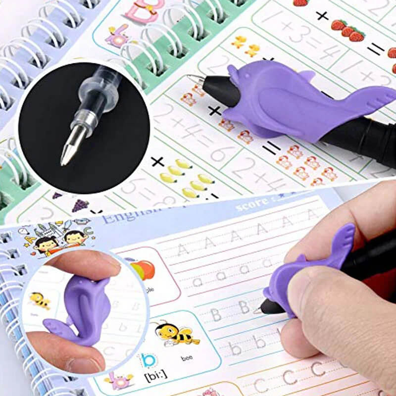 4-pack harjoituskirjat lapsille - käsialaharjoittelua 3D-kalligrafialla, uudelleenkäytettäviä tarroja ja matematiikan harjoittelua.