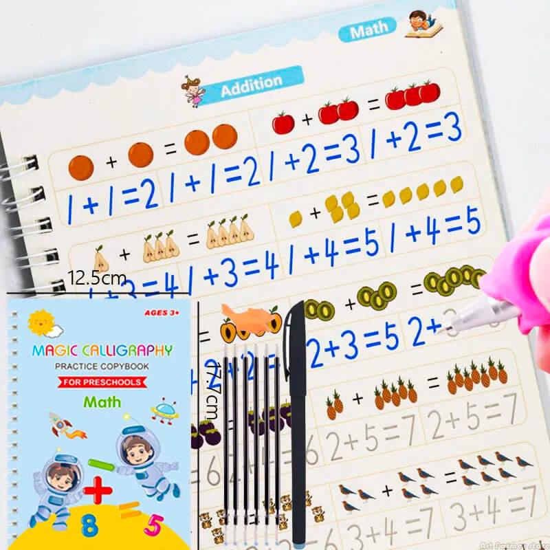 4-pack harjoituskirjat lapsille - käsialaharjoittelua 3D-kalligrafialla, uudelleenkäytettäviä tarroja ja matematiikan harjoittelua.