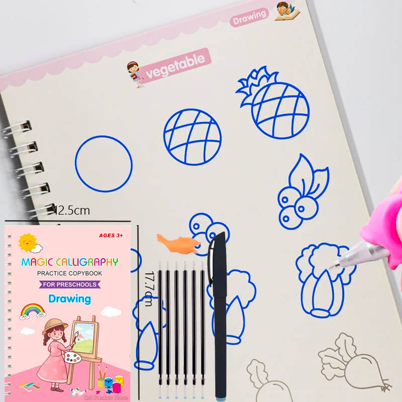 4-pack harjoituskirjat lapsille - käsialaharjoittelua 3D-kalligrafialla, uudelleenkäytettäviä tarroja ja matematiikan harjoittelua.