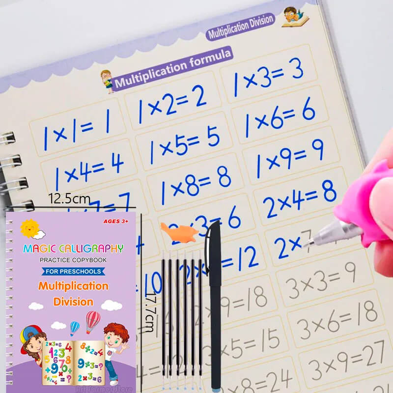 4-pack harjoituskirjat lapsille - käsialaharjoittelua 3D-kalligrafialla, uudelleenkäytettäviä tarroja ja matematiikan harjoittelua.